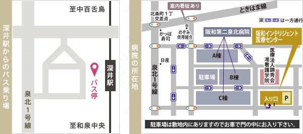 深井駅からのバス乗り場と病院の所在地